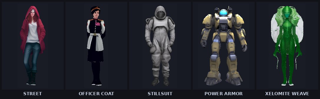 five wardrobe looks — street clothes, officer coat, stillsuit, power armor, xelomite weave