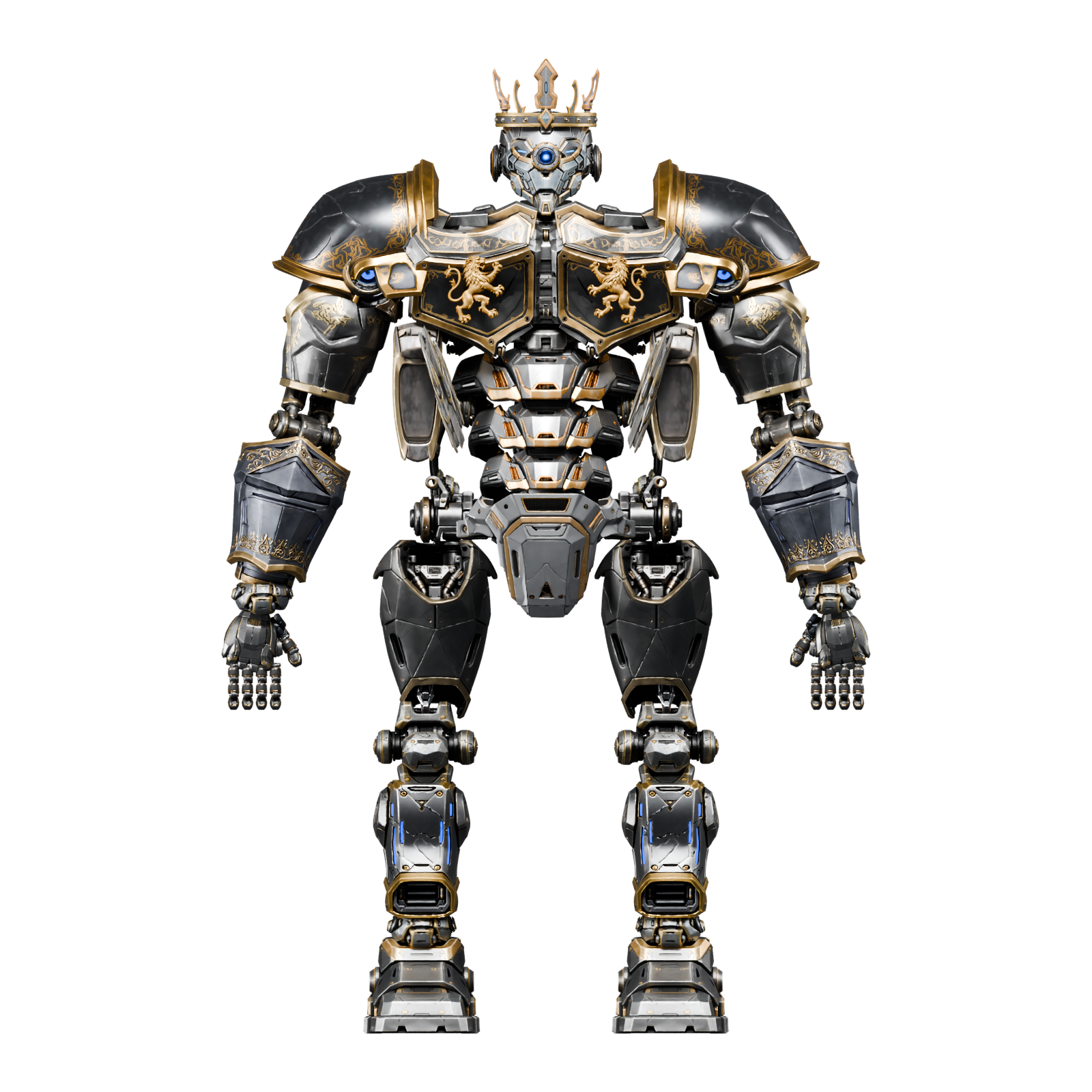 Front reference render of the 100-part Android King with corrected hands, continuous flank armor, diagonal torso braces, heraldic chest and detailed mechanical limbs