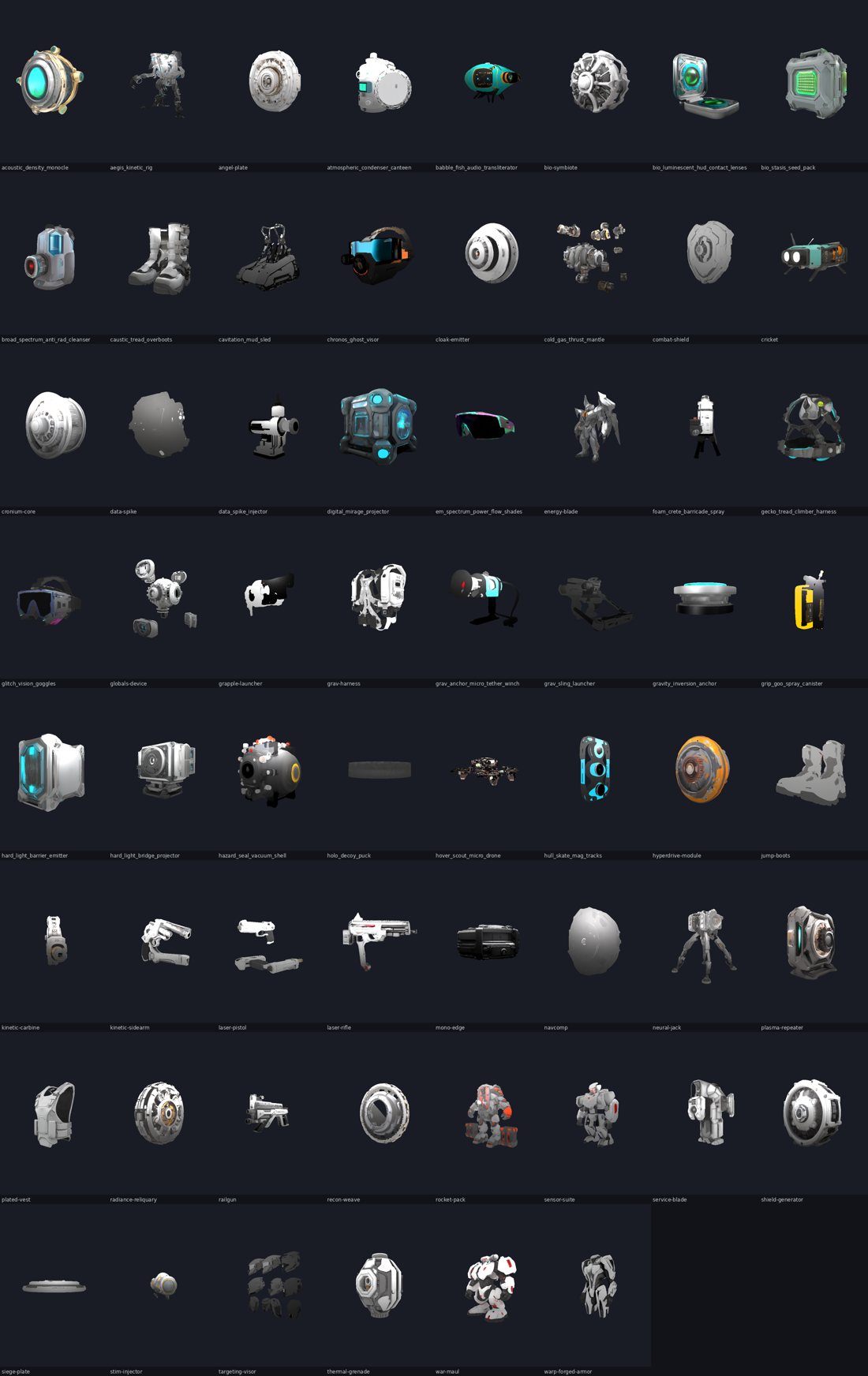 Contact sheet of all 62 forged equipment models