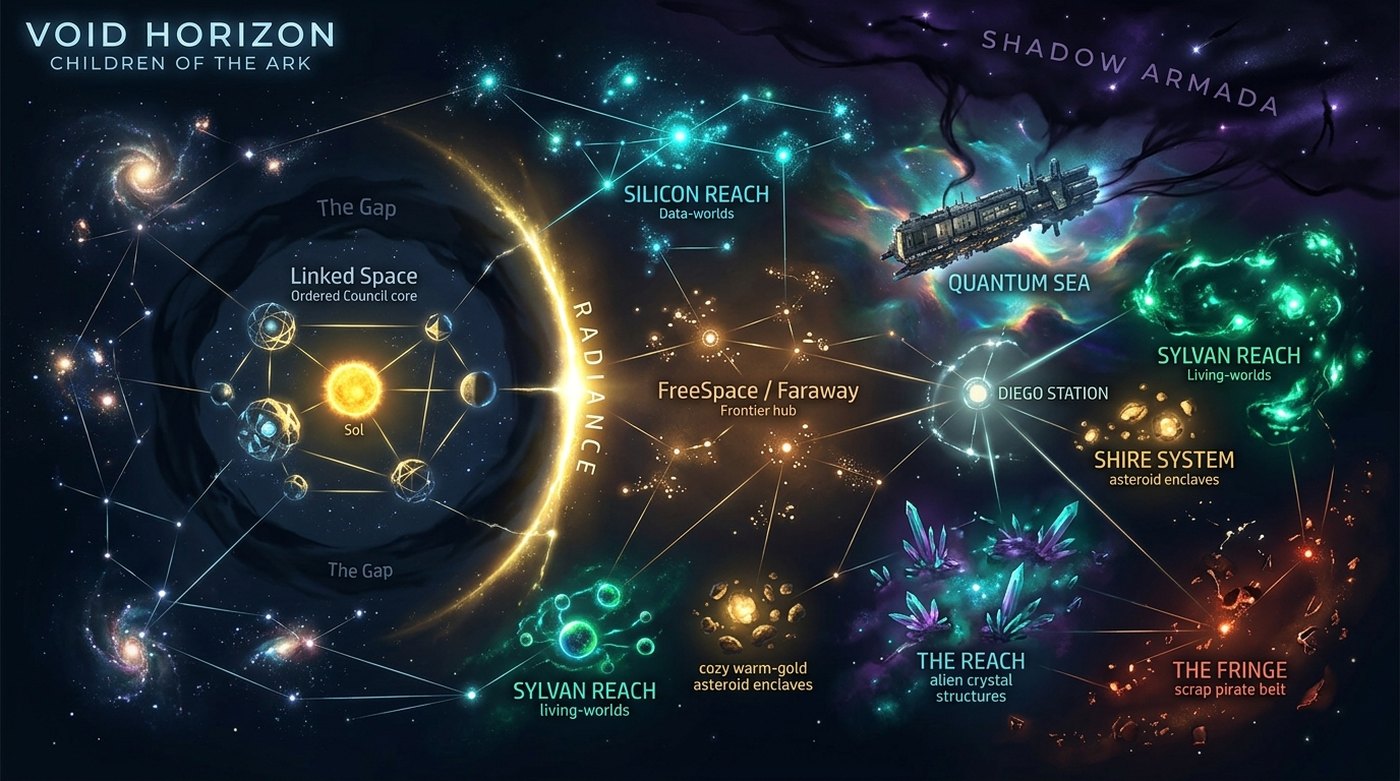Illustrated map of the Void Horizon galaxy — Council core at Sol behind the Gap and Radiance, FreeSpace frontier, the Reaches, Diego Station, the drifting Ark, and the looming Shadow Armada