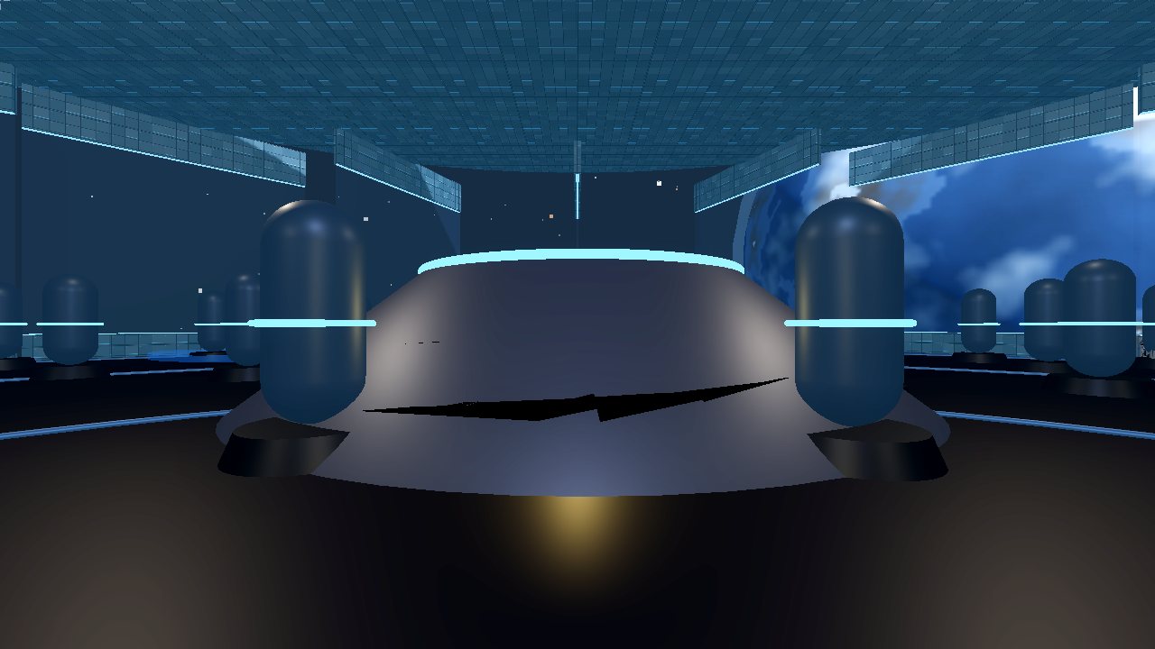 Cryo Bay Seven interior — lit hangar with windows onto space, cryo-pod machinery and a rim-lit dais