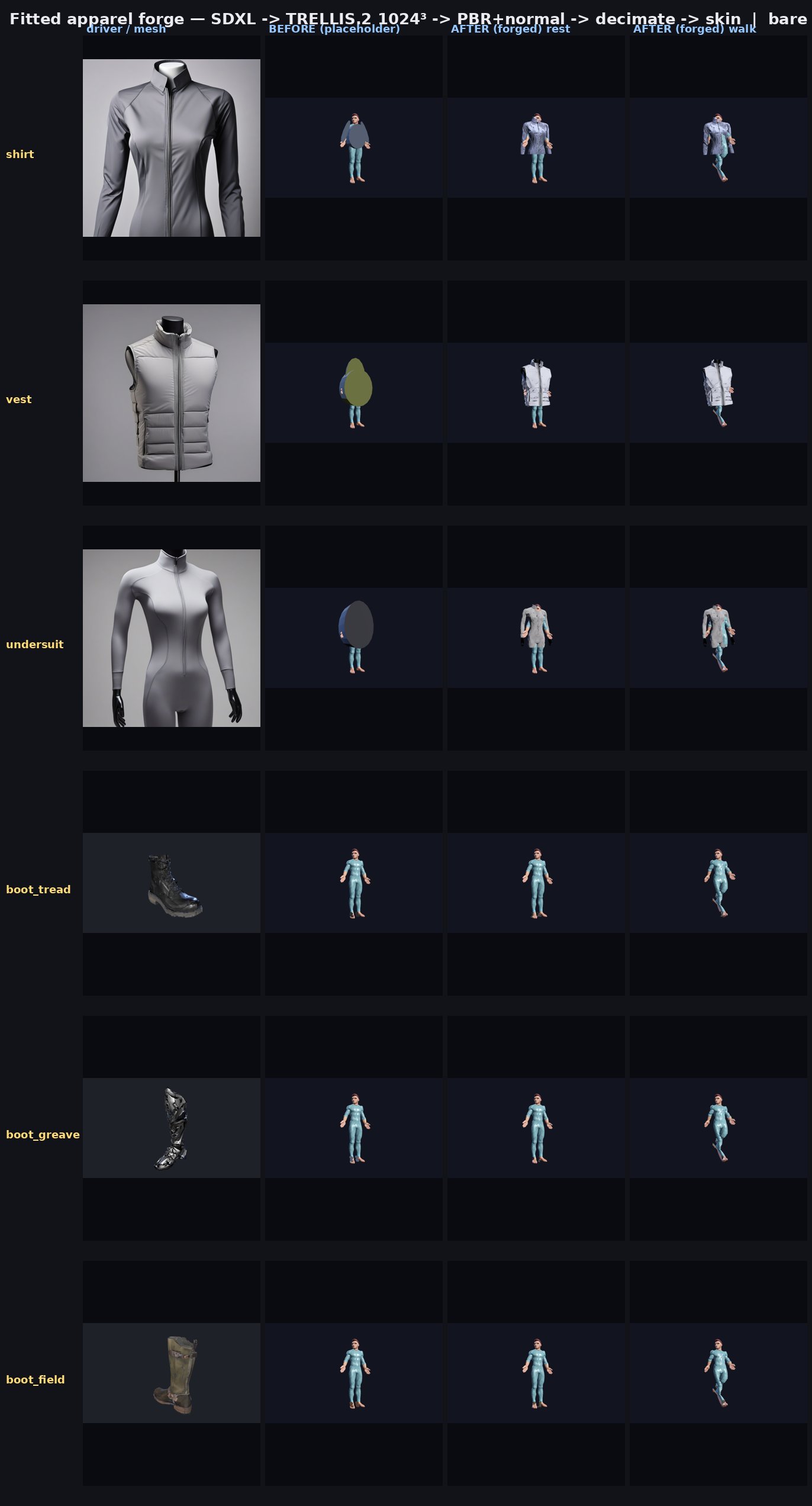 Fitted apparel forge grid — shirt, vest, undersuit, boots — driver mesh vs placeholder vs forged on body at rest and walk