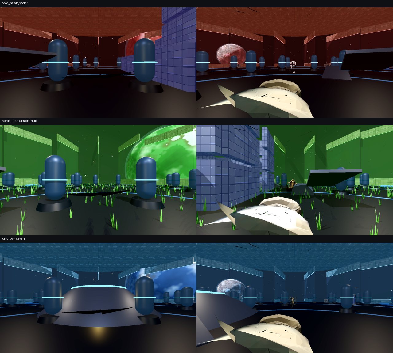 Three locations rendered with distinct faction palettes — raider rust, verdant green, council blue