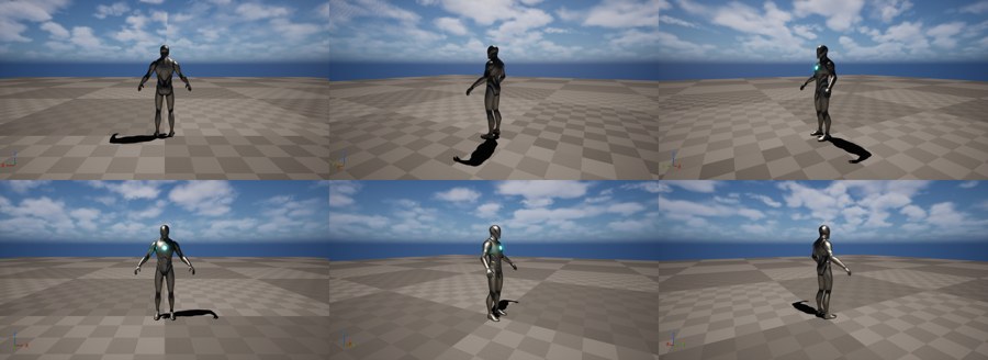 Six-angle orbit contact sheet of a rigged character rendered live in Unreal Engine 5.8