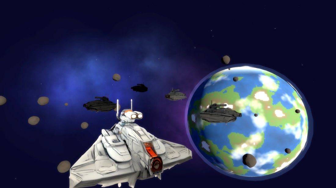 a council capital ship drifting past a planet through an asteroid field